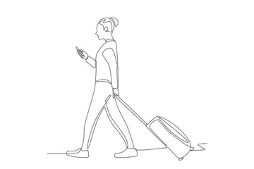 Woman in transit. Travel in transit concept one-line drawing