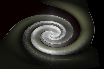 The abstract background consists of a black and silver texture in a swirl.
