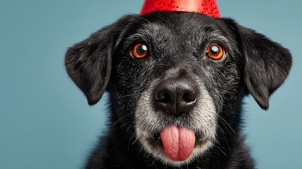 Black dog wearing a red party hat with a surprised expression, close-up on blue background, ideal for birthday greeting cards, pet-themed ads, and humorous animal marketing visuals.