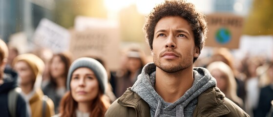 A diverse group of people participate in a protest, with a focused young man in the foreground and blurred signs advocating for environmental causes in the background.
