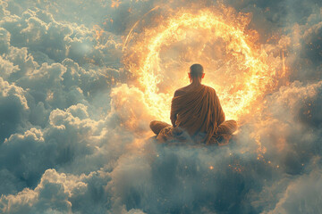 A serene monk meditates amidst celestial clouds and a fiery halo, symbolizing enlightenment and spiritual awakening.