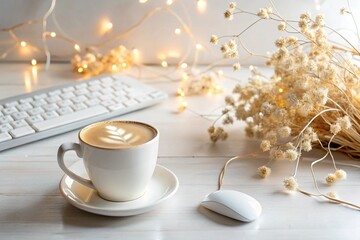 Fototapeta premium A warm cup of latte art coffee sits on a white wooden desk next to a keyboard and mouse, surrounded by soft warm fairy lights and dried flowers