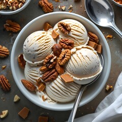 Butterscotch ice cream with nuts in white bowl, top view