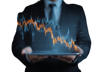 Businessperson reviewing a downward trending stock market graph on a tablet.