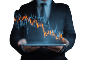 Businessperson reviewing a downward trending stock market graph on a tablet.