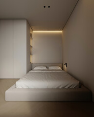 Modern bedroom with beige walls, concrete floor, comfortable king size bed with beige cover standing on wooden floor. 3d rendering
