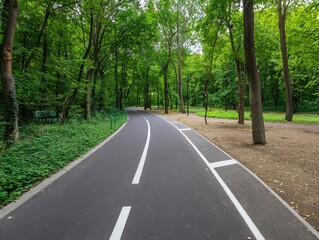 Obraz premium A modern cycling path meanders through a vibrant forest filled with tall trees and greenery. The well-maintained trail invites cyclists to enjoy a peaceful ride in nature