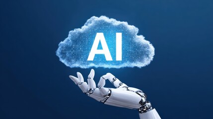 Robotic hand holding a digital AI cloud with binary code on a dark blue background.
