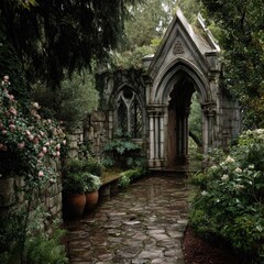 Obraz premium Stone Archway in Lush Garden: A tranquil garden path leads through a majestic stone archway, entwined with greenery. Timeless beauty.