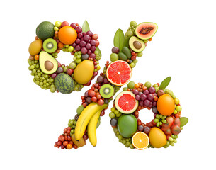 Percentage icon made of fresh and colorful fruits isolated on a transparent background