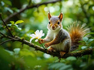Charming Squirrel Holding Blossom on Green Branch
