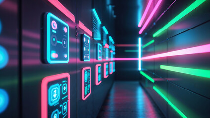 Neon lights futuristic technology server room digital interface network connection data center cyber space