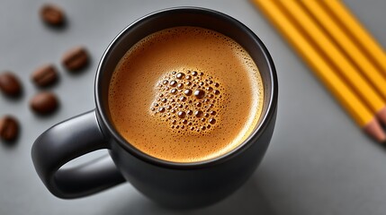 A close up of a steaming black mug filled with rich espresso topped with a creamy crema and scattered coffee beans nearby