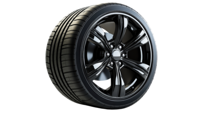 Car tire with rim reflecting studio light Transparent background, PNG