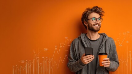 A cheerful man with glasses holds a smartphone and coffee cup, standing against an orange background with financial graphs overlayed.