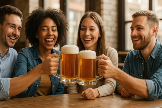 Group of friends toasting beer mugs