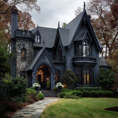 Gothic-style house with dark exterior, stone accents, and lush landscaping. A beautiful and unique home with architectural charm.