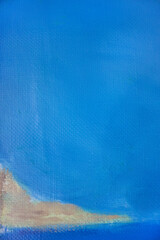 Laconic empty marine landscape with space for text. Original painting aqua blue depth sky with coast.