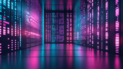 Neon lights abstract background futuristic technology digital cyberpunk data server room tech tunnel corridor