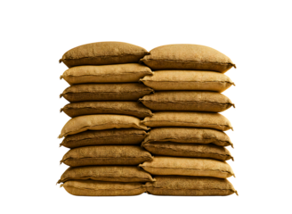 Stack of burlap sacks filled with goods isolated