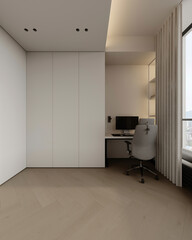 Corner view of classical bedroom interior with bed and work white table with laptop, carpet on hardwood floor. Cozy rest and work zone. Panoramic window on Bangkok skyscrapers. 3D rendering