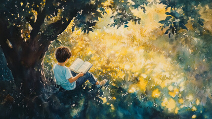 Fototapeta premium Boy reads book under sunlit tree