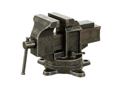 Heavy duty metal bench vice with rotating base isolated on transparent background