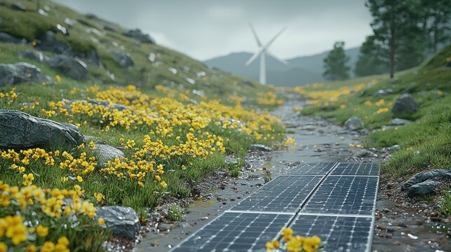 Mountain path lined with solar panels, yellow flowers, and a wind turbine