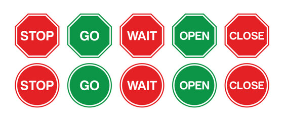Go, Stop, wait, open and close signs set red and green octagon shapes vecto design illustration