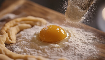 Close up of egg yolk surrounded by flour on wooden surface, capturing essence of baking and culinary creativity