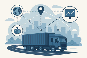 Logistics and supply chain management vector concept. Truck with container cargo on a road for global network distribution. Smart transportation with tracking and business analytics.