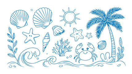 Blue Line Art Beach with Palm Tree, Crab, Starfish, Seashells and Ocean Waves