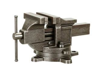 Heavy duty metal bench vice with rotating base isolated on transparent background