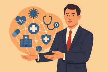 Businessman presenting medical healthcare system. Virtual network of icons for insurance, hospital care, and digital medicine. Health protection and pandemic response concept.
