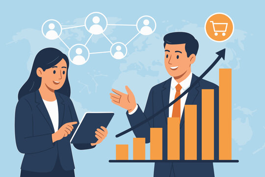 Business team analyzing global e-commerce growth with a tablet and statistics graph. Colleagues discuss market strategy with customer network icons and a growing sales chart.