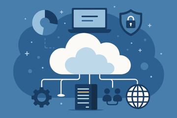Cloud connection technology and data transfer concept, cloud computing network with server storage, internet security shield, social network communication, global digital technology