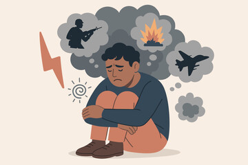 Post-traumatic stress disorder PTSD concept. Sad man suffering from war memories, trauma flashbacks. Mental health, anxiety, depression. Psychology vector illustration of a veteran.