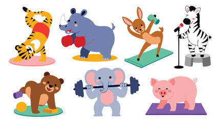 Fototapeta premium Cartoon Animals Exercising Tiger Yoga, Rhino Boxing, Deer Lifting Weights, Elephant Barbell, Zebra Singing, Bear Balancing