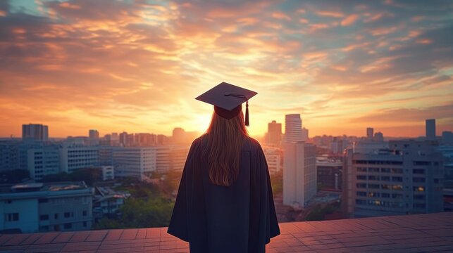 Graduated student girl in robe and hat looks into the future life after university standing on a rooftop at sunset time. ai generative - Powered by Adobe