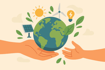 Sustainable energy future concept. Hands passing earth globe with green leaves, solar panel, wind turbine, sun, lightbulb. Renewable energy, environmental protection, Earth Day, clean power awareness