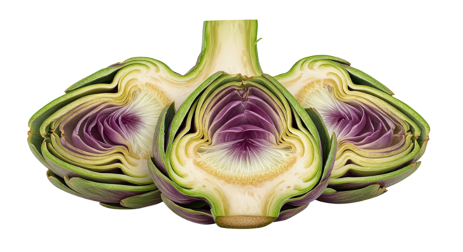 Cross section of three artichokes displaying vibrant purple and green hues