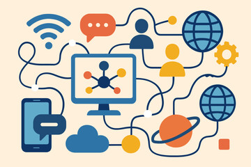 Machine learning network concept. Flat vector illustration of artificial intelligence, cloud computing, data sharing, internet connection, digital communication, mobile technology, global connectivity