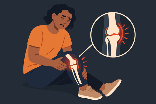 Knee joint pain illustration. Osteoarthritis, rheumatoid arthritis, tendon injury, joint inflammation. Medical concept. Person suffering knee ache. Anatomy, orthopedics, healthcare vector design.