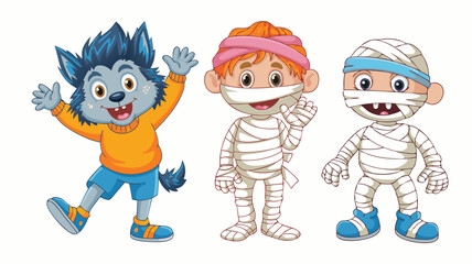 Fototapeta premium Cartoon Halloween Costumes Cheerful Werewolf, Smiling Mummy Boy, and Bandaged Kid Waving