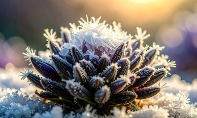 Cluster of Purple Flower Buds Adorned with Frost and Intricate Ice Crystals Glowing in Soft Golden Sunlight &mdash; Winter Botanical Macro Capturing Seasonal Beauty and Natural Detail for Decorative