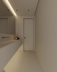 Side view of modern bathroom interior design with tiles beige walls and floor and soft lighting. 3D Rendering