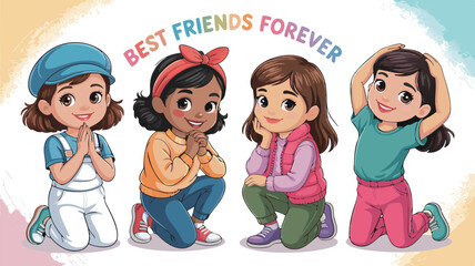 Cartoon Drawing of Four Diverse Young Girls Kneeling Together, Saying Best Friends Forever Above Them