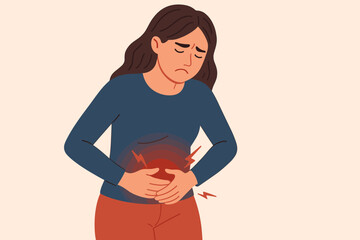 Woman Holding Stomach in Pain, Suffering from Abdominal Discomfort, Menstrual Cramps, Gastric Ulcer, Appendicitis, Gastrointestinal Disease, Healthcare and Medical Concept Illustration
