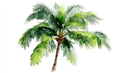 Palm Tree watercolor art isolated on white background. Tropical green Hawaiian flora, summer palm watercolour hand drawn painting for greeting card, travel, vacation or holidays designs or prints