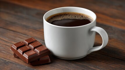 A steaming cup of black coffee sits beside a stack of rich milk chocolate on a rustic wooden table